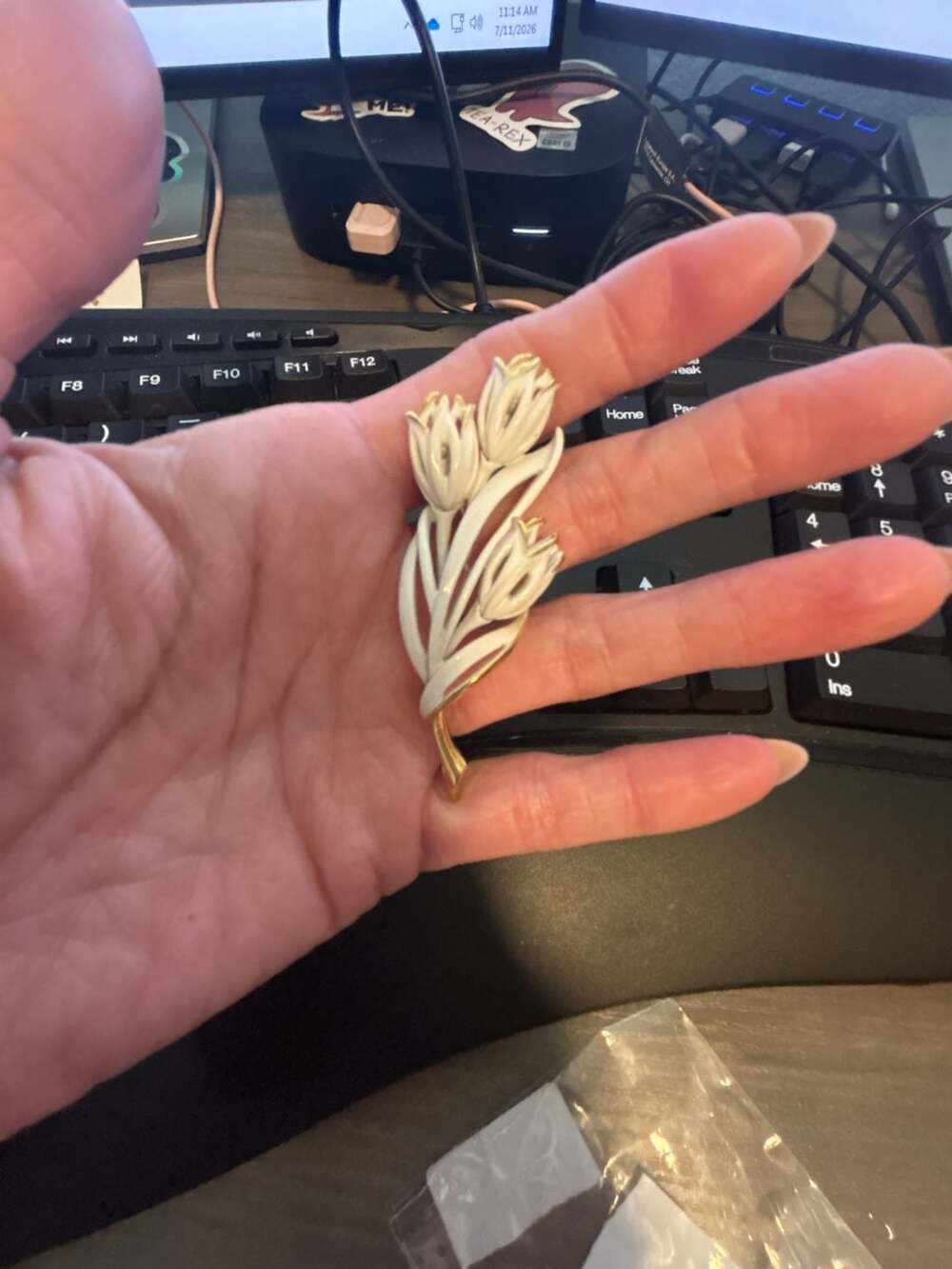 Monet Brooch White Enabled Swirling Leaves Set In Goldtone Vintage
